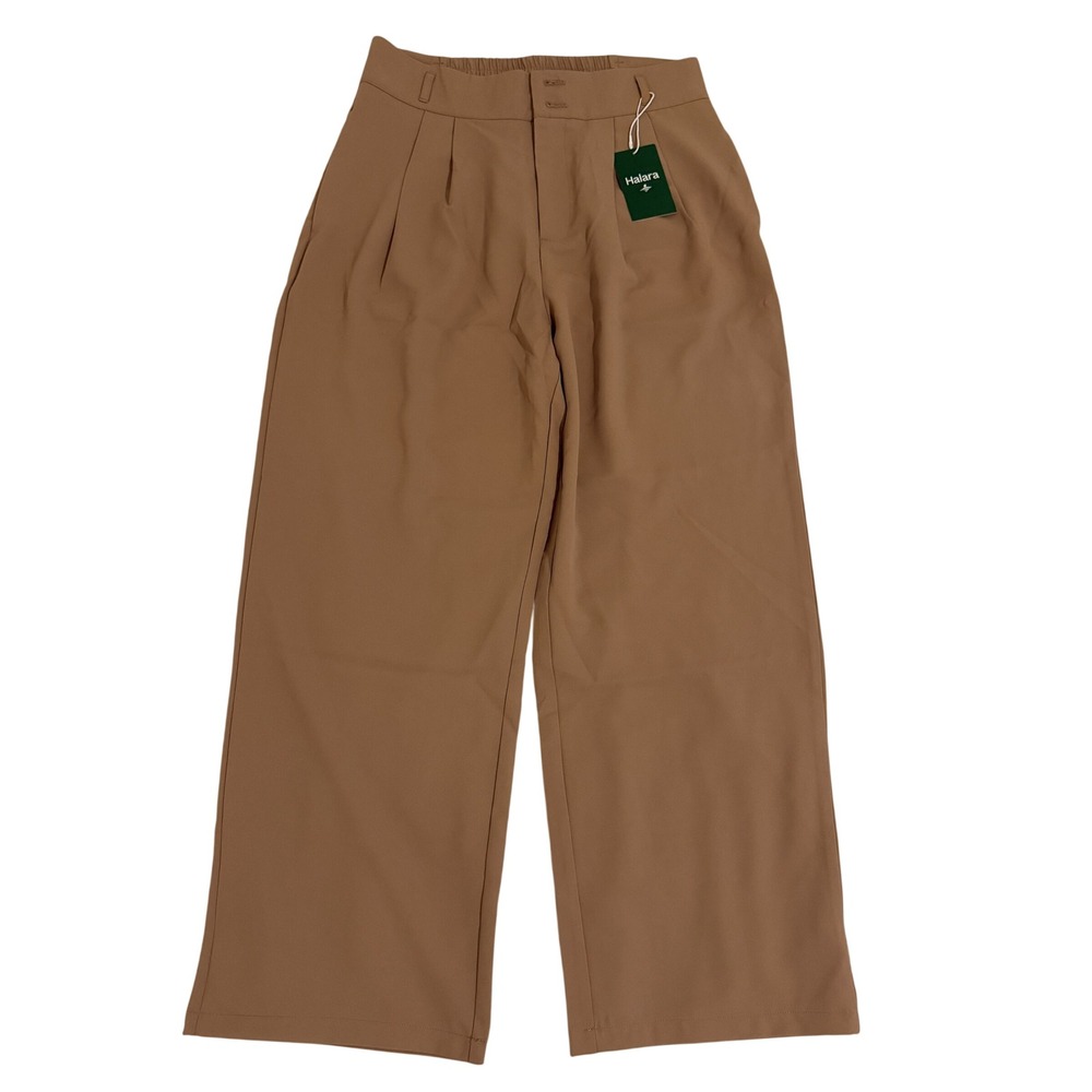 Halara Women Tan Med Petite High Waisted Wide Leg Pleated Pants Camel Khaki NWT